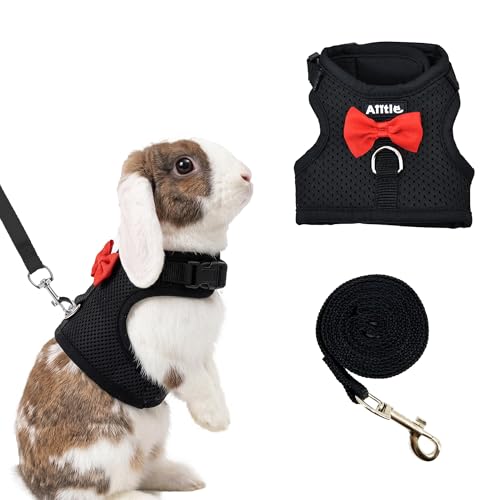 Breathable Bunny Harness and Leash Set with Cute Bow, Black S | Adjustable Vest, Escape Proof, Quick-Release Buckle, for Rabbits, Kittens, Ferrets & Small Pets, Walking & Outdoor - color: Black, size: S