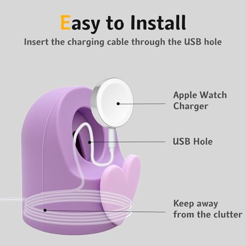 Cute Lovely 3D Love Heart Charger Stand Compatible with Apple Watch Series 10/9/8/SE2/SE/Ultra2/Ultra/7/6/5/4/3/2/1, Silicone iWatch Charging Dock Supports Nightstand Mode - color: Watch-Purple-Love
