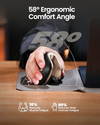 ProtoArc EM11 NL Wireless Ergonomic Mouse, Rechargeable, Black Gold | 58° vertical design supports a natural wrist posture, connect 3 devices via Bluetooth/2.4G USB-A, 500mAh USB-C rechargeable. - color: Black Gold