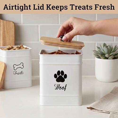 Dog Treat Container Set of 2 with Airtight Bamboo Lids - 8x6 & 7x5 inch | Fits All Popular Treats, Up to 20 Cups Combined Capacity, Airtight Bamboo Lid, Easy Open Lid, Dent-Resistant Durable Metal - color: White - Large