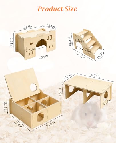 4-Piece Wooden Hamster Hideout Set, Multi-Chamber Maze House, Hideout-Tunnel & Climbing Ladder, Wood Cage Accessories for Dwarf Hamsters & Mice