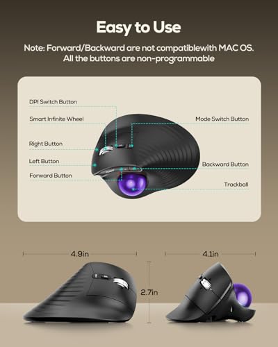 Nulea Wireless Trackball Mouse Ergonomic Vertical Design Thumb Control | Rechargeable mouse with quiet clicks,4 DPI levels,3 device Bluetooth & USB receiver,smooth tracking,compatible with PC-Purple - color: C-Purple