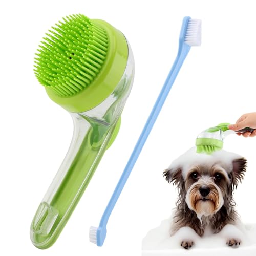 Pet Bath Brush, 2 in 1 Dog Bath Brush with Built-in Shampoo Dispenser, Pet Wash Brush with Double Head Toothbrush, Grooming Massage Brush for Dogs & Cats - color: Green