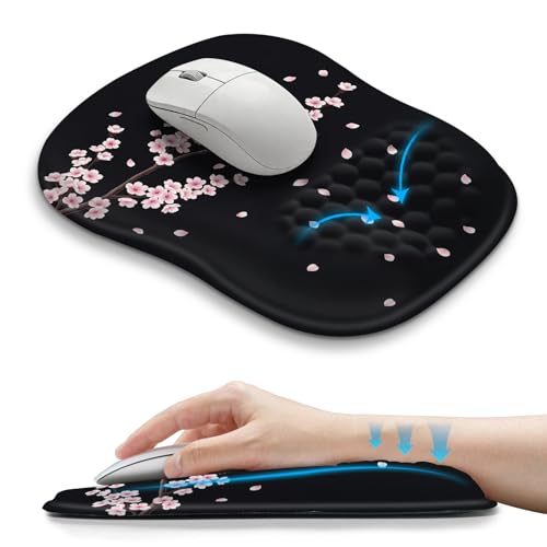 Hokafenle Ergonomic Wrist-hugging Mouse Pad Wrist Support, U-shaped Holding Wrist Rest Mousepad for Carpal Tunnel Pain Relief with Cushioned Memory Foam Slope Massage Bulge (10.2x8.3 in,CherryBlossom) - color: Cherryblossom