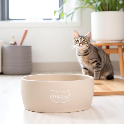 Pearhead Ceramic Cat Bowl – Neutral Taupe “Meow” Design, Holds 1.3 Cups, Stoneware Pet Dish, Whisker-Friendly Pet Feeding Bowl, Non-Skid, Small (Pack of 2) - color: Taupe "Meow", size: Single Bowl (Pack of 2)