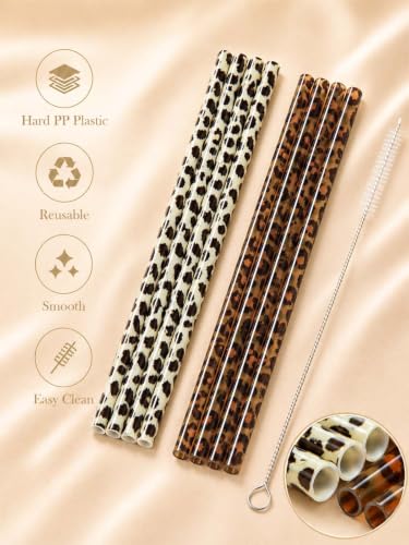 10 Pcs Reusable Brown Leopard Straws Long Straws with Cleaning Brushes | Plastic Cheetah Animal Straws Brown Leopard Print Drinking Straws for Tumblers Cups Safari Wild Favors Birthday Party Supply - color: Brown and Yellow