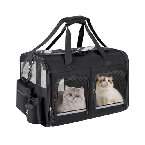 Cat Carrier for 2 Cats, Foldable Double Cat and Dog Carrier, Small to Medium Size, 2 Front Zippered Compartments,Two Pets Carrier for Outdoor Travel,Mulitple Cat Carrier (Black) - color: Black with 2 Pocket