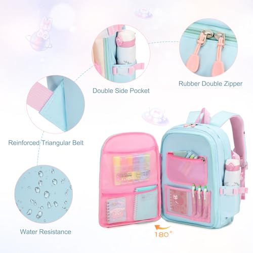FIXITOK Girls Backpack with 14oz Insulated Water Bottle Set, Kawaii Bunny School Backpack for Girls with Kids Water Bottle Lunch Bag Pencil Case for Kindergarten Elementary Preschool School - color: W-aquamarine