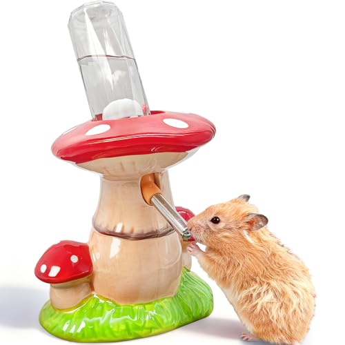 BNOSDM Hamster Water Bottle No Drip Ceramic Hamster Water Bottle for Glass Tank - 80ML Water Dispenser with Mushroom Stand Holder for Syrian Hamsters, Dwarf Hamsters, Mice, Gerbils(red) - color: Red-Mushroom