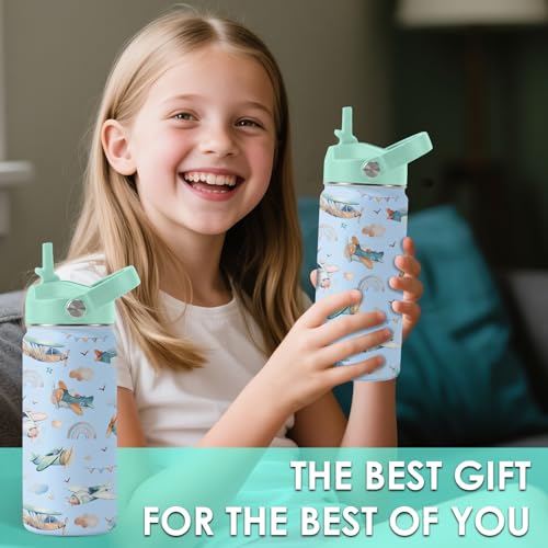 Airplane Gifts - 16oz Kids Blue Airplane Water Bottle with Straw Lid, Stainless Steel Insulated Tumbler, Leakproof, BPA-Free, for Boys, School, Travel - Helicopter Pilot Lovers Birthday Gift Cup (1pc) - color: Helicopter, size: 16 Ounces