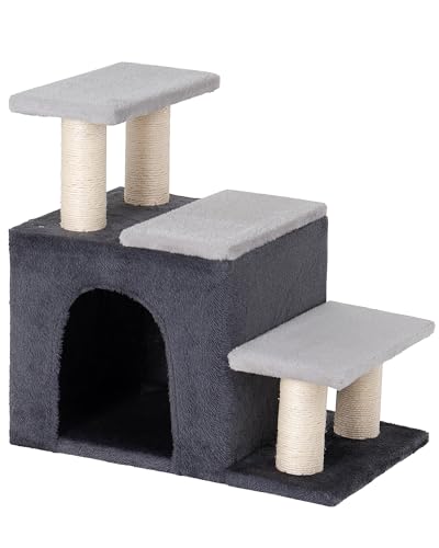 Aechonow 3-in-1 Pet Stairs for Cats, Dog Steps for Doggie Rabbits, Large | 7.8'' Depth Cat Stairs,Indoor Cat Steps for High Bed for Pet's Joints, Soft Plush, 1 Big Cat Condo Cave, Sisal Scratcher,Grey - size: Large-Gray