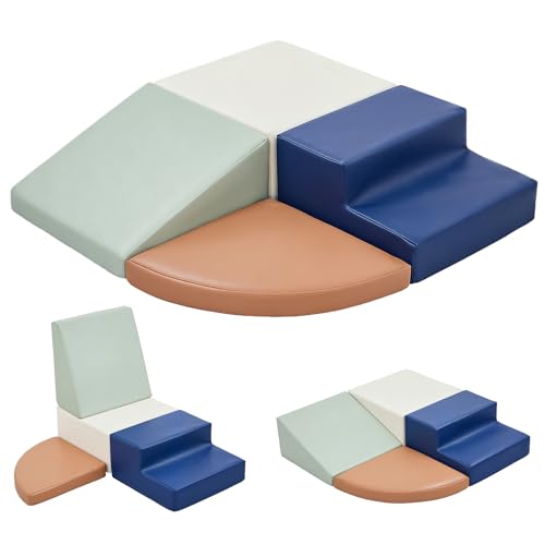 Sumbababy Climbing Foam Blocks for Toddlers: Waterproof Pu Leather Soft Climber - 4 Pcs Toddler Indoor Climbing Toys - Kids Outdoor Playground Playset Best Gift Preschool Daycare Supplies（Blue/Brown） - style: Blue/Brown