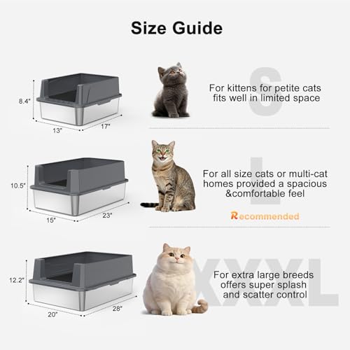 FURTIME Stainless Steel Cat Litter Box, Small Cats Metal Litter Box | High-Sided Open-Top Easy-Clean Litter Pan, Non-Stick, Anti-Leakage, Odor-Free, Comes with Scoop & Mat, 17"×13"×8.4" - color: Grey, size: Small