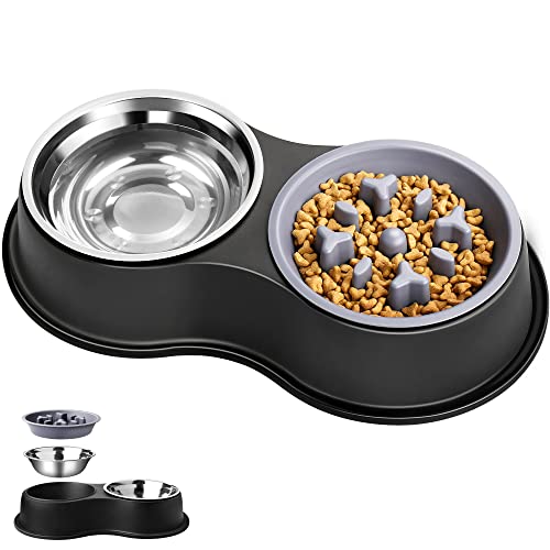 Epetslove Double Dog Water and Food Bowls Raised Slow Feeder Black | Stainless Steel, Raised Feeding Station, Removable Slow Feeder, Anti-slip Base, For Puppies, Medium Dogs, Cats & Multi-pet - color: 2. Slow Feeder, size: Medium-18oz
