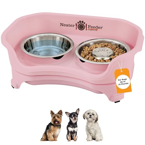 Neater Feeder Express Mess Proof Dog Bowls Elevated for Small Breed – Made in USA – No Spill Raised Slow Feeder Elevated Dog Bowl Stand, Stainless Steel Food and Water Bowl Set, Pink - color: Pink, size: Small w/ Metal Slow Feed Bowl