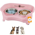 Neater Feeder Express Mess Proof Dog Bowls Elevated for Small Breed – Made in USA – No Spill Raised Slow Feeder Elevated Dog Bowl Stand, Stainless Steel Food and Water Bowl Set, Pink - color: Pink, size: Small w/ Metal Slow Feed Bowl