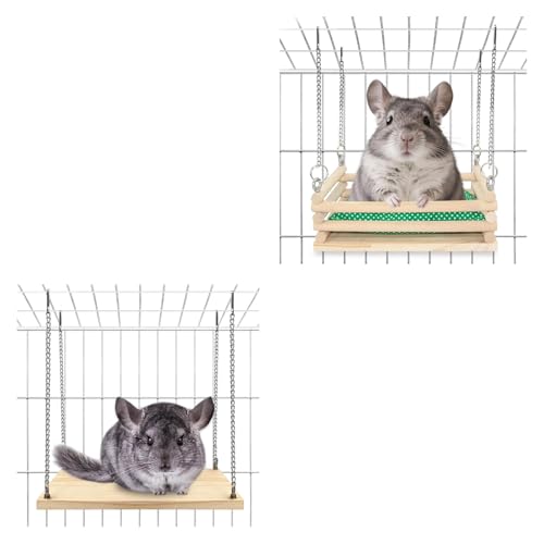 Wooden Chinchilla Hammock & Swing Set - Soft Mat Bed with Kiln-Dried Pine Ledges for Chinchillas - Habitat Enrichment & Exercise