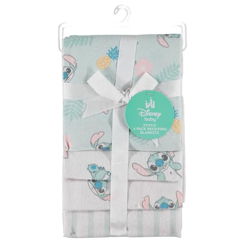 Disney Baby 4-Pack Receiving Blankets — 100% Cotton Flannel, 28" x 28" — Available in Mickey, Minnie, Pooh, Stitch or Angel — Soft Swaddle, Burp & Stroller Blankets — Gift-Ready with Ribbon Bow - color: Stitch