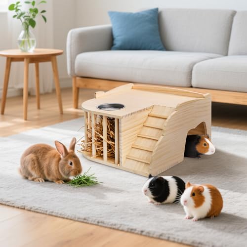 Coloch Wooden Guinea Pig Castle with Hay Feeder, Large Chinchilla Hideout with Feeding Bowl&Ladder Multi-Chamber Guinea Pig House for Guinea Pigs, Chinchillas, Hedgehogs