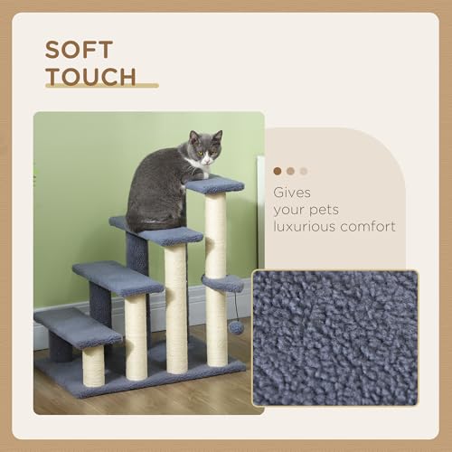 PawHut 4 Levels Cat Steps Pet Stairs Carpeted Ladder for High Bed Gray | Kitten Tree Climber, Scratching Posts, Hanging Play Ball, Side Step, for Sofa - color: Gray