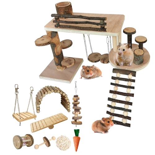 Wooden Hamster Playground & Activity Set, Hamster Climbing Toy, with Platform, Bridge, and Ladders for Small Pets (Wooden)