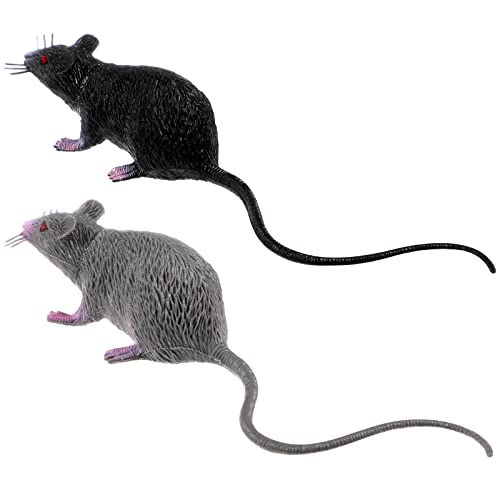 Fake Rat Prank Toy 2 Pack, Realistic Mouse with Long Tails | Lifelike Scary Prop for Halloween Parties, April Fools’ Day Pranks, Haunted House Decor, Non-Toxic Plastic, Black/Gray