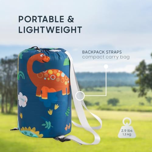 Wake In Cloud - Kids Sleeping Bag for Boys Toddlers, Camping in Warm Cold Weather, Backpacking Lightweight Compact Outdoor Liner for 3 Seasons, Cartoon Jurassic Dinosaur - color: Navy Blue