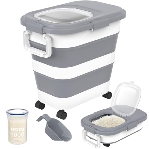 HOYTAMDA 25-35Lbs Collapsible Rice Container,Food Storage Containers Wheels | Rice Storage Container with Airtight Clear Lid,Handle,Small Bin &Scoop,Rice Dispenser for Flour Sugar Cereal Dog Cat Food - color: Grey/25-35lbs