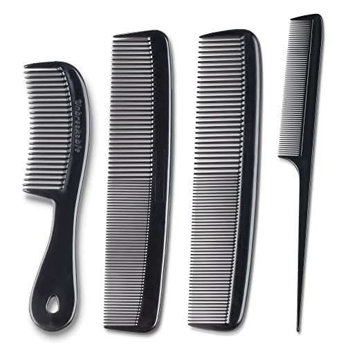 Mars Wellness 4 Piece Professional Black Comb Set for Women, Men -USA MADE | Rat tail, dresser & styling combs for teasing, parting, backcombing & sectioning. Premium grade, barber quality, black - color: Black, size: 4 Piece Set