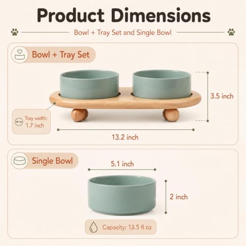 Havniva Raised Cat Bowl 5.1” Elevated Ceramic Cat Food and Water Bowl Set | Cat Bowls Elevated, Whisker Friendly Cat Bowl, Non-Slip Wood Stand, Food-Grade Ceramic, Wide Opening, Dishwasher Safe - color: Light Green, size: 5.1inch - 2 Bowls+Stand