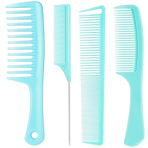 SALONSILK Mint Green 4PCS Professional Comb Set, Wide Tooth Rat Tail Fine Tooth Hair Combs, Braiding Cutting Barber Styling Curly Parting Set for Men and Women - color: Mint-4 PCS