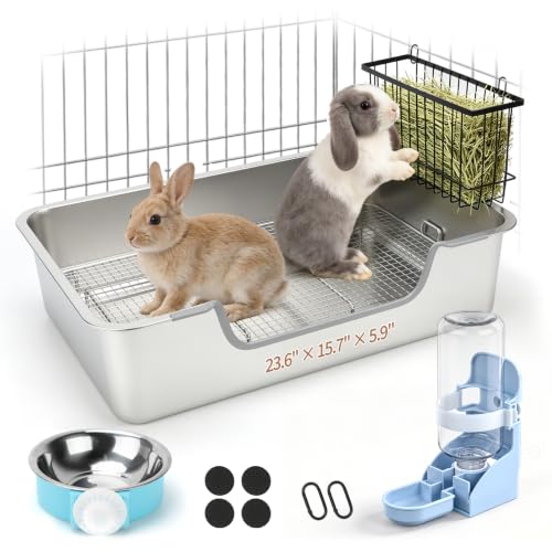 BWOGUE Large Stainless Steel Rabbit Litter Box, High-Sided Bunny Litter Box | Extra Large Rabbit Litter Box, Raised Grid for Waste Separation, Hay Feeder, Easy-Clean Metal Tray, Small Animals - size: XL:23.6in ×15.7in × 5.9inches