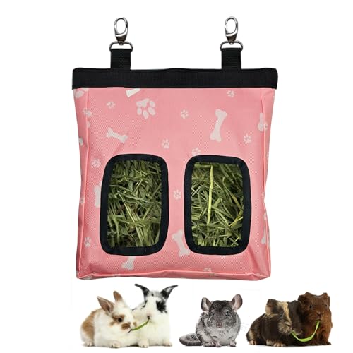RIOUSSI Guinea Pig Hay Feeder, Hanging Rabbit Hay Feeder Bag. PinkBones | Upgraded Double Layer Fabric | Bite Resistant | Cleaner Hay & Less Mess | Small Animal Hay Holder for Bunnies & Chinchillas - color: Pinkbones