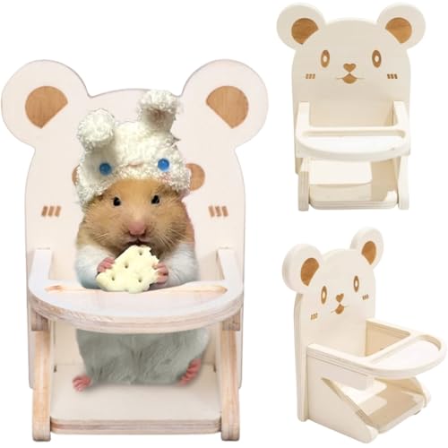 Hamster Chair with Food Bowl Tray- Handmade Wooden Small Animal Cage Accessories Habitat Decor House Photo Props Small Animal Toys for Hamster Mice Rat Hedgehog Rodents (Wood)
