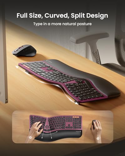 ProtoArc EKM01 Plus Wireless Ergonomic Keyboard Mouse Combo - Wine Red | Full-size Split Keyboard with Cushioned Wrist Rest, Ergonomic Mouse, 3-Device Bluetooth/2.4G, USB-C Rechargeable - color: Wine Red