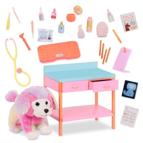 Glitter Girls Vet Playset, Sniffles Plush Dog, 27-Piece Vet Table, Pet | Toy vet set with posable pink pup, exam table with drawers, medical accessories, fits most 14-inch dolls, Plush, 3+ Years - style: Vet Accessories