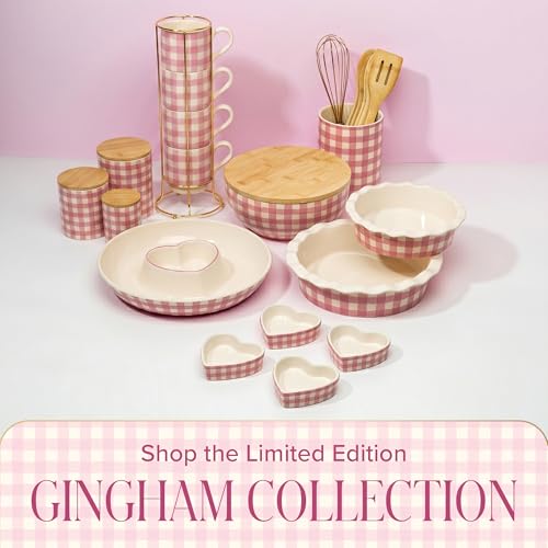 Paris Hilton Heart Shaped Ramekins Oven Safe, 4-Piece Mini Ceramic Ramekin Set, Stoneware Baking Dishes, Microwave, Dishwasher & Freezer Safe, Gingham Design, 3-Ounce, Pink