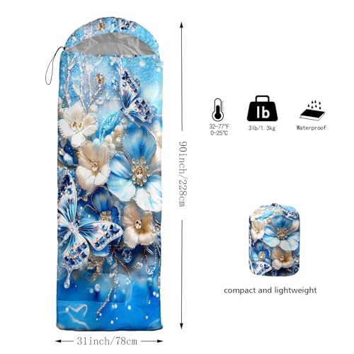 QOOMO Camping Sleeping Bags,3 Season Warm & Cool Weather,Lightweight,Waterproof Sleeping Bags for Adults & Kids,Traveling,and Outdoors,Camping Gear Equipment - color: blue butterfly