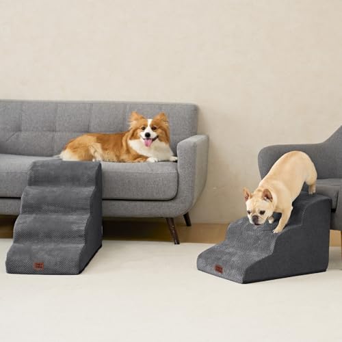EHEYCIGA Curved Dog Stairs Ramp, 3-Step Dog Steps, 15.8" H Pet Step | 33D density of pure foam, for Small Dogs and Cats, Pet Stairs for High Bed Climbing, Non-Slip Balanced Pet Step Indoor, Grey