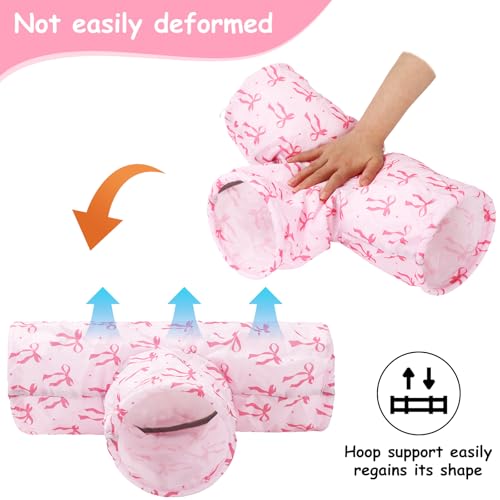 JarThenaAMCS Guinea Pig Tunnel 3 Way Washable Guinea Pig Hideout Pink Bow Foldable Rabbit Tunnel Small Animal Toy for Bunny Hamster Chinchilla Ferret Accessory