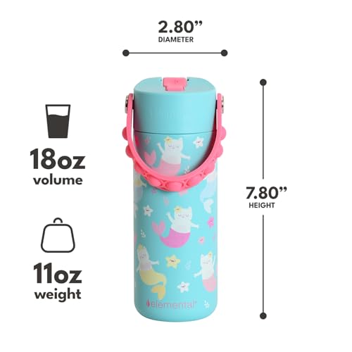 Elemental 100% Leak Proof When Spout is Closed Insulated Kids Water Bottle, Stainless Steel Bottle for School with Straw Lid & Pop-It Handle, Meowmaid & Mermaid Sisters -18oz (2 Pack) - color: Meowmaid & Mermaid Sisters
