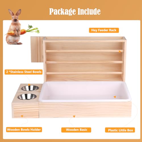 Rabbit Hay Feeder with Litter Box, Bowl Tray for Small Bunnies | Hay Holder Rack with 2 Bowls, Litter Box for Small Animal Guinea Pig Hamster Chinchilla