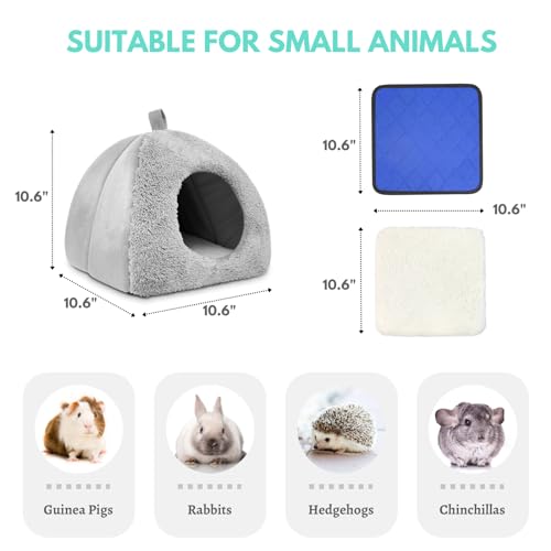 Guinea Pig Hideout Bed with 2 Absorbent Leak-Proof Bottom Pee Pad | Fleece Small Animal House, Washable Hide Hut for Dwarf Rabbit Chinchilla - color: Grey