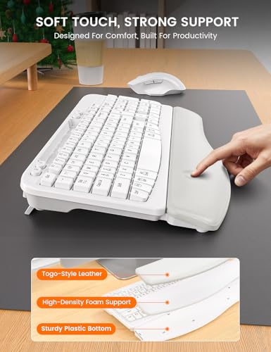 Wireless Keyboard and Mouse Combo with Ergonomic Wave Key | Leather Soft Palm Rest, Rechargeable, 4-Level DPI, Phone Holder, 2.4GHz, MA22 Plus Full Size Set for PC, Laptop, Windows, Mac - color: Cloudy White