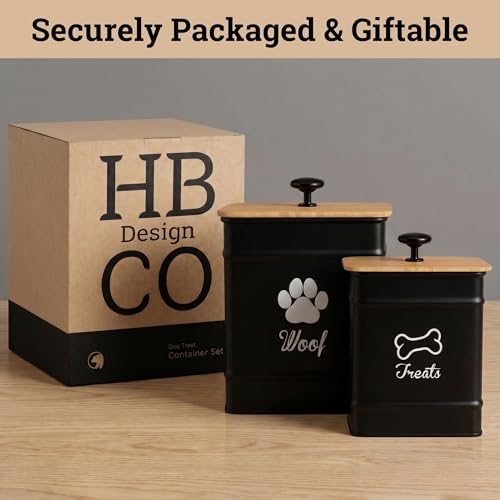 Dog Treat Container Airtight Set of 2 - 8x6 & 7x5 inch Iron Dog Treat Jars for Kitchen Counter with Airtight Bamboo Lids - 20 Cup Capacity Pet Treat Container Set - Doggie Cookie Jar - Treats Canister | Fits All Popular Treats, Up to 20 Cups Combined Capa