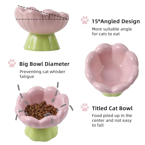 DIF DECO Ceramic Raised Cat Bowl, Pink Elevated Food Bowls for Food and Water Protecting Spine and Whiskelfriendly,Tulip Shape Cute Pet Feeder Dish for Indoor Cats and Small Doas(Height 4.1 inch) - size: Height 4.1 inch