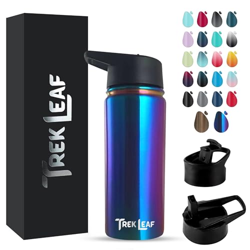 Travel Water Bottle with 3 Lids (Spout, Straw, Flip) Leak Proof, Quality, Vacuum Insulated, Stainless Steel (Twilight, 18 oz) - color: Twilight, size: 18 Ounces
