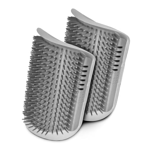 SunGrow Self-Grooming Brush for Ferrets & Cats, Light Gray Self Massager, Mountable to Corners and Flat Surfaces, Includes Brush, Catnip, Screws and Adhesive Tape (2 Pieces)