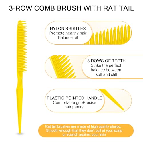 SIMPOR 3 Row Hair Comb for Natural Detangling Curly, Hair Styling Brush, Nylon Bristle Unbraider Teasing Rat Tail Comb for Women Men Yellow - color: Yellow
