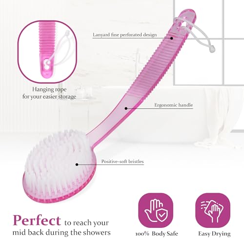 Shower Scrubber Brush, Long Handle, Pink (1 Pack) - color: Pink